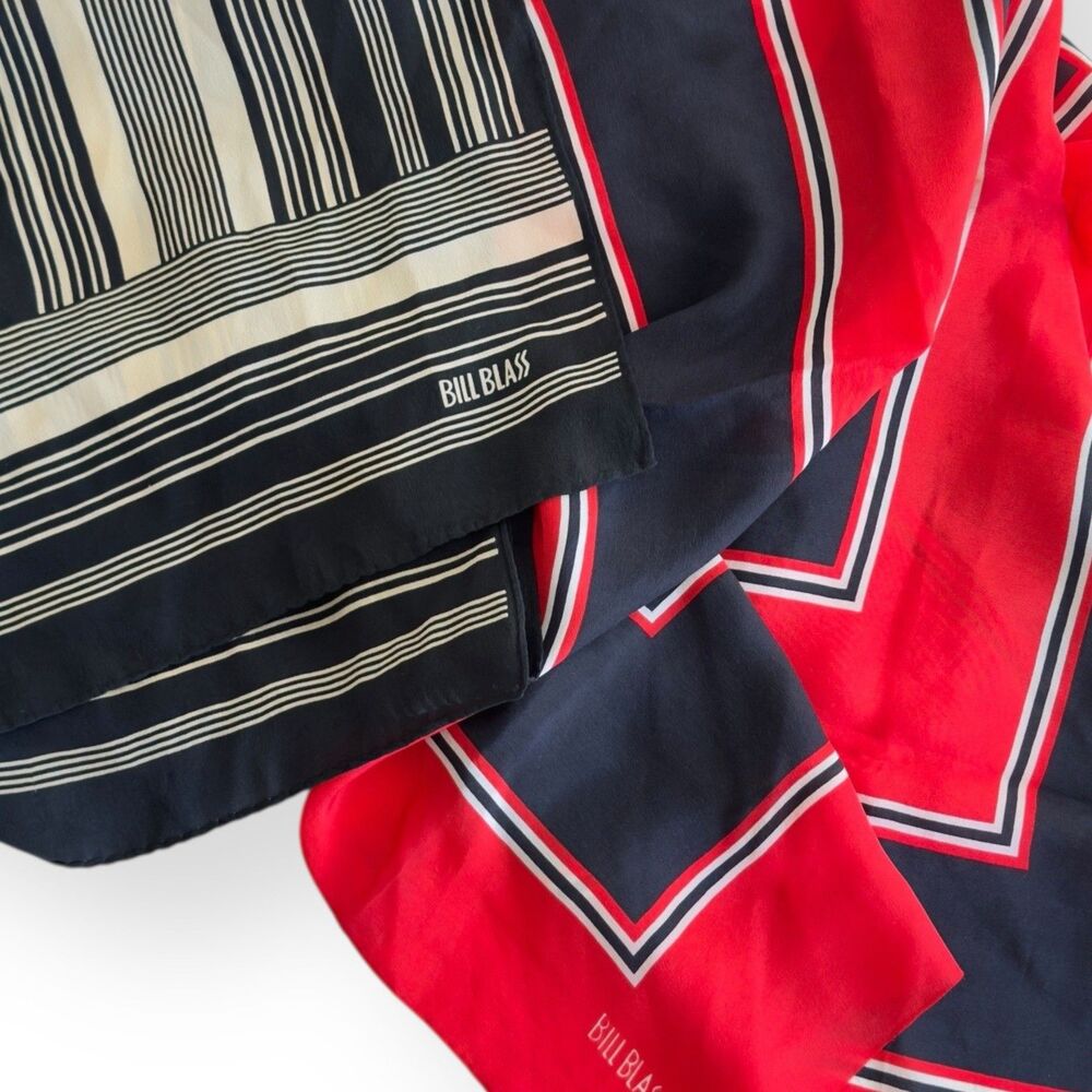 Silk Bill Blass Hand Rolled Set Of 2 Scarves Black, White, Red Bold Geometric